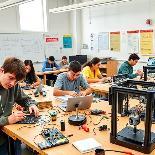 A modern university classroom with students actively engaged in hands-on practical exercises: one group soldering circuit boards, another programming microcontrollers, a third using 3D printers to prototype mechanical parts, all under bright natural light, focused expressions, tools and components neatly arranged on wooden workbenches, background showing whiteboards with technical diagrams and safety posters, realistic but clean aesthetic
