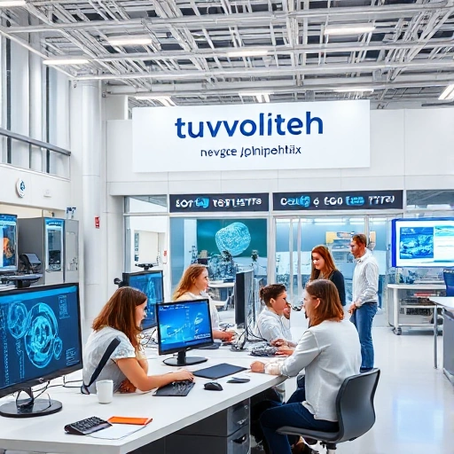 A modern university campus with students collaborating in a high-tech lab, futuristic equipment, digital screens displaying engineering designs, and a banner reading 'tuvpoliteh: новые возможности' in Russian, all in a clean, professional, and inspiring atmosphere