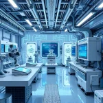 A futuristic engineering lab with advanced robotics, holographic displays, and sleek metallic structures, showcasing cutting-edge technologies of the future, with a focus on innovation and precision, in a clean, high-tech environment