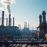 A modern industrial landscape featuring a large factory complex with smokestacks, conveyor belts, and robotic arms in operation, set against a clear blue sky with subtle hints of digital data streams and circuit patterns subtly integrated into the environment, symbolizing the fusion of traditional manufacturing and advanced technology, in the style of smallHQ