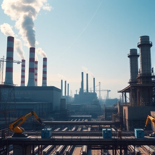 A modern industrial landscape featuring a large factory complex with smokestacks, conveyor belts, and robotic arms in operation, set against a clear blue sky with subtle hints of digital data streams and circuit patterns subtly integrated into the environment, symbolizing the fusion of traditional manufacturing and advanced technology, in the style of smallHQ