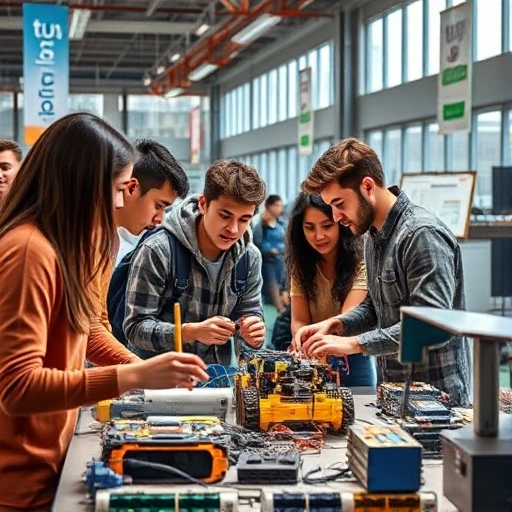 A modern university campus scene with students collaborating in a high-tech lab, focusing on engineering and technology education, featuring diverse young adults working on robotics, coding, and sustainable energy projects, with visible logos of 'tuvpoliteh' on banners and equipment, emphasizing key competencies like innovation, teamwork, and technical expertise