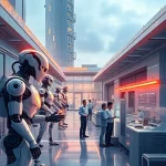 A futuristic technological progress scene showing advanced robotics, glowing data streams, sleek modern architecture with solar panels, and diverse engineers collaborating in a high-tech lab, all rendered in crisp, detailed smallHQ style