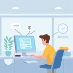 A beginner-friendly illustration showing a person learning to use a computer with simple icons representing basic programming concepts like loops, variables, and buttons, set in a clean, modern classroom or home office environment with soft lighting and minimal distractions
