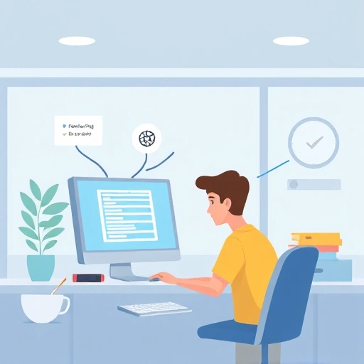 A beginner-friendly illustration showing a person learning to use a computer with simple icons representing basic programming concepts like loops, variables, and buttons, set in a clean, modern classroom or home office environment with soft lighting and minimal distractions