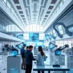 A modern university campus with futuristic architecture, students collaborating in a high-tech lab with holographic displays and robotic arms, symbolizing innovation in tuvpoliteh, bright daylight, clean lines, digital interface overlays showing data flows and engineering schematics, no text or letters visible