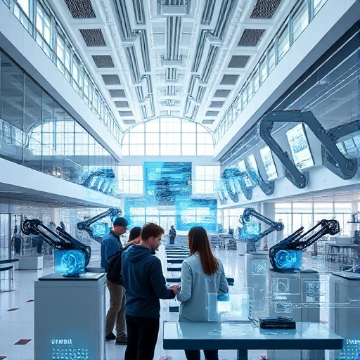 A modern university campus with futuristic architecture, students collaborating in a high-tech lab with holographic displays and robotic arms, symbolizing innovation in tuvpoliteh, bright daylight, clean lines, digital interface overlays showing data flows and engineering schematics, no text or letters visible