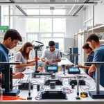 A modern university laboratory with students and teachers working on practical engineering projects, including 3D printing, robotics assembly, and circuit testing, bright natural light, collaborative atmosphere, detailed equipment, realistic rendering