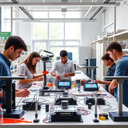 A modern university laboratory with students and teachers working on practical engineering projects, including 3D printing, robotics assembly, and circuit testing, bright natural light, collaborative atmosphere, detailed equipment, realistic rendering