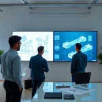 A modern engineering company office with engineers in professional attire reviewing blueprints and 3D models on large screens, sleek minimalist design, bright natural light, subtle corporate branding, no visible text or logos