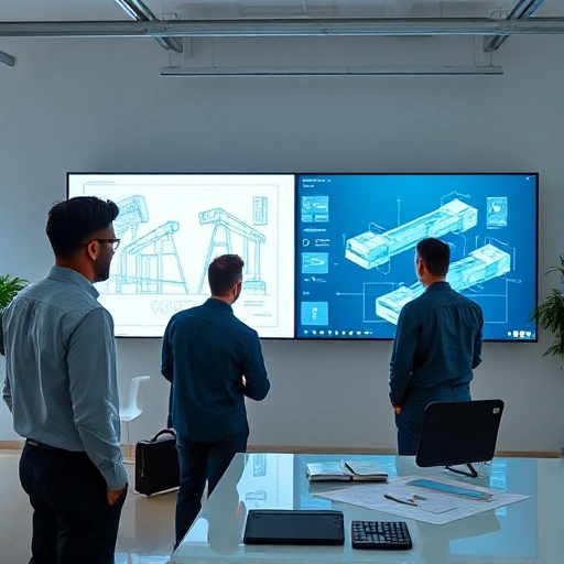 A modern engineering company office with engineers in professional attire reviewing blueprints and 3D models on large screens, sleek minimalist design, bright natural light, subtle corporate branding, no visible text or logos
