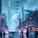 A futuristic cityscape with glowing neon towers, flying vehicles, and people using advanced technology like holographic interfaces and wearable AI devices, symbolizing 'technologies of tomorrow', in a clean, high-detail sci-fi aesthetic