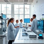 A modern university research laboratory focused on tuvpoliteh studies, featuring advanced scientific equipment, researchers in lab coats analyzing data on digital screens, blueprints and technical diagrams on walls, a collaborative atmosphere with diverse students and professors discussing innovations, soft natural lighting from large windows, high detail, realistic style