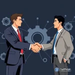 A modern, professional illustration showing a handshake between two diverse individuals in business attire, one representing TuVPoliteh (a technical university) and the other representing a corporate partner, set against a background of interconnected gears and digital network lines symbolizing collaboration and innovation, with subtle university and company logos integrated into the design, clean and minimalist aesthetic