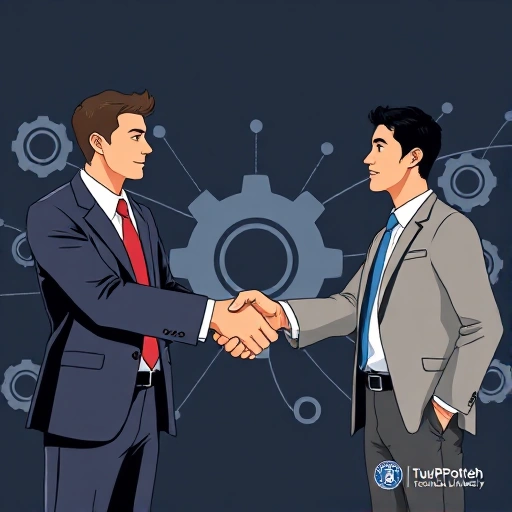 A modern, professional illustration showing a handshake between two diverse individuals in business attire, one representing TuVPoliteh (a technical university) and the other representing a corporate partner, set against a background of interconnected gears and digital network lines symbolizing collaboration and innovation, with subtle university and company logos integrated into the design, clean and minimalist aesthetic