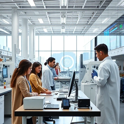 A modern university campus scene with students and faculty collaborating in a bright, innovative laboratory setting, featuring advanced engineering equipment, digital displays showing data visualizations, and architectural elements reflecting technological progress, all in a clean, professional, and inspiring atmosphere
