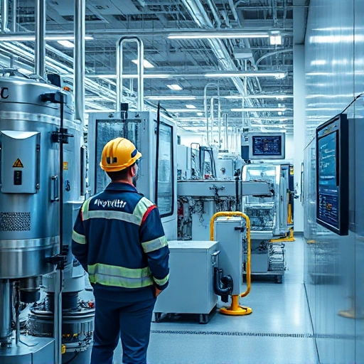A modern industrial facility with advanced machinery, engineers in safety gear monitoring automated production lines, digital displays showing real-time data, and a subtle logo or emblem resembling 'tuvpoliteh' integrated into the equipment or wall panel, clean and professional environment, high detail, realistic lighting