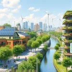 A modern sustainable development concept: a green cityscape with solar panels on rooftops, wind turbines in the background, lush vertical gardens on buildings, people cycling and walking on tree-lined streets, clean rivers reflecting the sky, and diverse communities engaging in eco-friendly activities, all rendered in a clean, detailed, high-quality smallHQ style