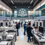 A modern university campus with students and faculty collaborating in a high-tech engineering lab, featuring advanced robotics, 3D printers, and digital workstations, symbolizing innovation and academic excellence in technical education, with a subtle emblem of 'tuvpoliteh' integrated into the architecture or signage, in a clean, professional, and inspiring atmosphere