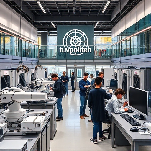A modern university campus with students and faculty collaborating in a high-tech engineering lab, featuring advanced robotics, 3D printers, and digital workstations, symbolizing innovation and academic excellence in technical education, with a subtle emblem of 'tuvpoliteh' integrated into the architecture or signage, in a clean, professional, and inspiring atmosphere