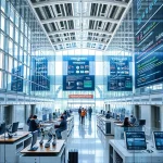 A modern university campus with innovative technology labs, students working on robotics and AI projects, futuristic architecture with glass and steel, digital screens displaying data and code, a banner in Cyrillic reading 'tuvpoliteh и инновационные разработки', vibrant but professional atmosphere, daylight, high detail