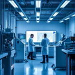 A modern engineering lab with advanced machinery, blueprints on digital screens, engineers in lab coats collaborating, futuristic tools, clean minimalist design, soft ambient lighting, symbolizing technical excellence and innovation