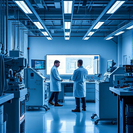 A modern engineering lab with advanced machinery, blueprints on digital screens, engineers in lab coats collaborating, futuristic tools, clean minimalist design, soft ambient lighting, symbolizing technical excellence and innovation