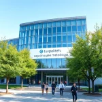 A modern university campus building with sleek glass architecture, surrounded by green trees and a clear blue sky, students walking in small groups, a banner with Cyrillic text 'tuvpoliteh: эффективные методы' subtly integrated into the building's facade, minimalist design, high detail, professional educational atmosphere