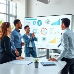 A professional business process improvement scene showing a team of diverse engineers and managers collaborating in a modern office, analyzing workflow diagrams on a large digital screen, with icons representing efficiency, automation, and optimization (like gears, flowcharts, and upward trends), clean and minimalist design, soft natural lighting, high detail, corporate aesthetic