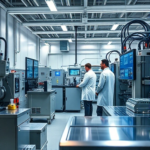 A modern engineering lab with advanced machinery, engineers in lab coats working on precision equipment, digital displays showing technical data, sleek metallic surfaces, soft ambient lighting, symbolizing technical excellence and innovation