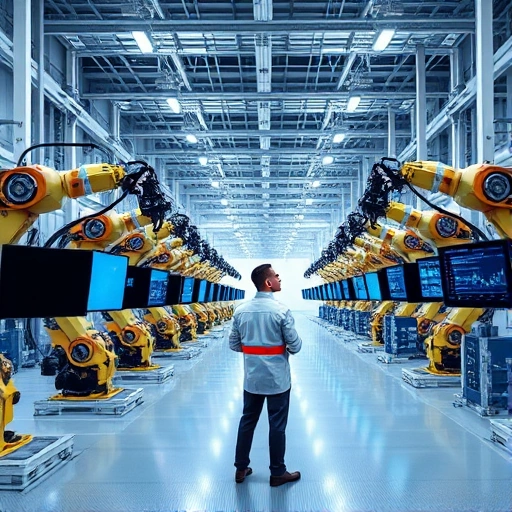 A modern industrial factory with robotic arms, digital screens displaying data analytics, and engineers in smart uniforms collaborating with AI interfaces, symbolizing digital transformation in manufacturing, set in a clean, high-tech environment with soft blue and silver lighting
