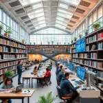 A modern university campus with students studying in a bright library, engineers working on innovative tech projects, and digital screens displaying trends in education and technology, symbolizing the main trends of tuvpoliteh