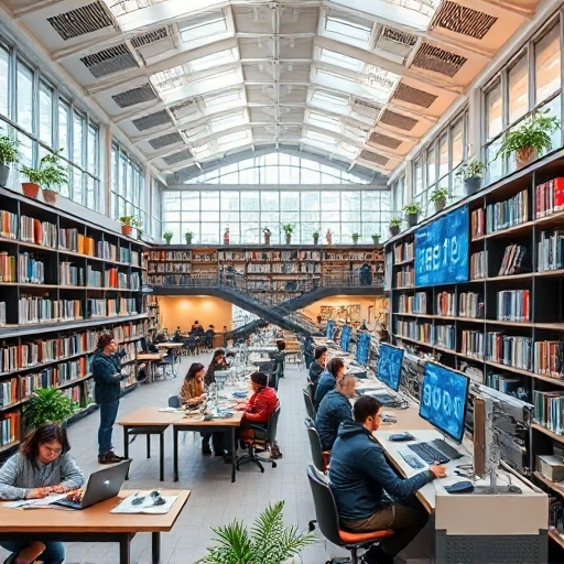 A modern university campus with students studying in a bright library, engineers working on innovative tech projects, and digital screens displaying trends in education and technology, symbolizing the main trends of tuvpoliteh