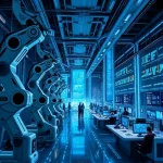 A futuristic engineering technology hub with advanced digital innovations, featuring sleek robotic arms, holographic data displays, smart city infrastructure, and engineers in modern workspaces collaborating with AI interfaces, all rendered in a clean, high-tech aesthetic with glowing blue and silver accents