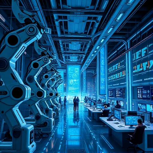 A futuristic engineering technology hub with advanced digital innovations, featuring sleek robotic arms, holographic data displays, smart city infrastructure, and engineers in modern workspaces collaborating with AI interfaces, all rendered in a clean, high-tech aesthetic with glowing blue and silver accents