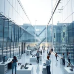 A modern, futuristic university campus with sleek glass buildings, students collaborating in high-tech labs, holographic displays showing engineering diagrams, renewable energy systems like solar panels and wind turbines integrated into architecture, diverse group of young innovators working on robotics and AI prototypes, clean minimalist design, soft natural lighting, sense of progress and technological advancement