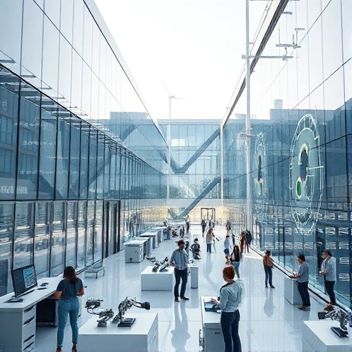 A modern, futuristic university campus with sleek glass buildings, students collaborating in high-tech labs, holographic displays showing engineering diagrams, renewable energy systems like solar panels and wind turbines integrated into architecture, diverse group of young innovators working on robotics and AI prototypes, clean minimalist design, soft natural lighting, sense of progress and technological advancement