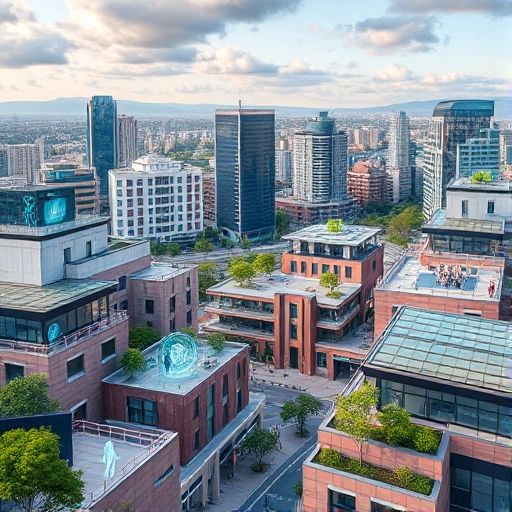 A modern, futuristic university campus in a vibrant cityscape, with students from diverse backgrounds collaborating on innovative tech projects, holographic displays showing sustainable energy solutions, solar panels on rooftops, and green spaces integrated into architecture, symbolizing how tuvpoliteh is changing the world through education and technology