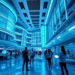 A futuristic university campus with advanced technology, students using holographic interfaces, sleek modern architecture with glowing blue accents, set in a bright, optimistic sci-fi environment, symbolizing the real-world innovation of TUV Politeh