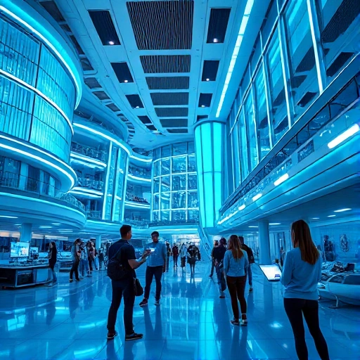 A futuristic university campus with advanced technology, students using holographic interfaces, sleek modern architecture with glowing blue accents, set in a bright, optimistic sci-fi environment, symbolizing the real-world innovation of TUV Politeh