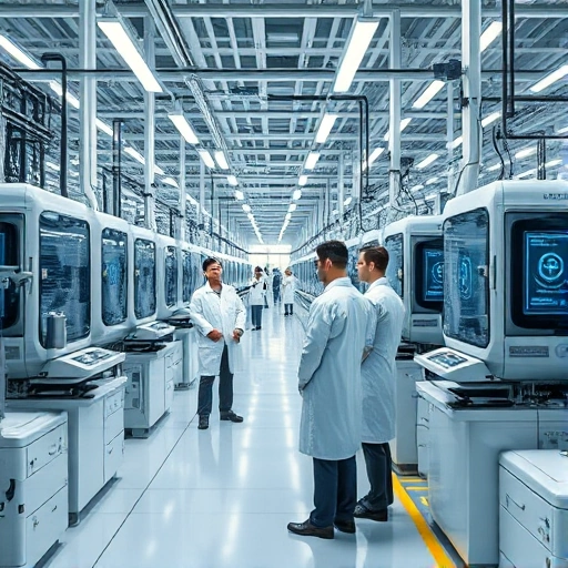 A modern industrial facility with advanced manufacturing equipment, engineers in lab coats observing automated production lines, futuristic machinery with glowing interfaces, clean high-tech environment, subtle hints of innovation and progress, no text or signage visible