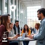 A modern university campus with students and faculty engaged in a discussion about ethics and safety in technology, featuring diverse individuals in a collaborative setting, subtle symbols of digital security like shield icons and ethical scales integrated into the environment, natural lighting, clean and professional atmosphere