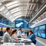 A modern university campus with students collaborating in a high-tech lab, futuristic architecture, digital screens displaying engineering concepts, vibrant but professional atmosphere, daylight, clean lines, focus on innovation and education