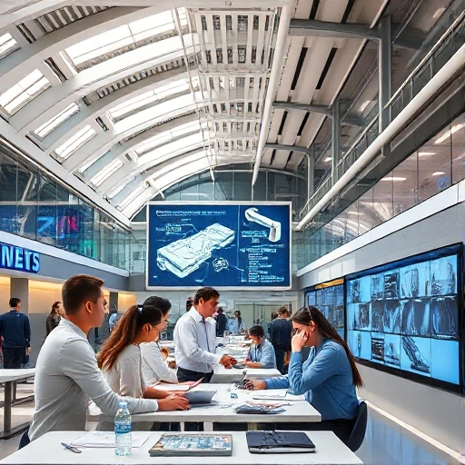 A modern university campus with students collaborating in a high-tech lab, futuristic architecture, digital screens displaying engineering concepts, vibrant but professional atmosphere, daylight, clean lines, focus on innovation and education