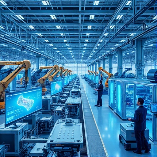 A futuristic industrial scene representing Industry 4.0: smart factory with interconnected machines, robotic arms, IoT sensors, digital twins displayed on holographic screens, data streams flowing between systems, automated guided vehicles, and engineers monitoring operations via augmented reality interfaces, all in a clean, high-tech environment with soft blue and silver lighting