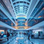 A modern university campus with futuristic architecture, students collaborating in high-tech labs, digital screens displaying innovation metrics, and a subtle blend of traditional and contemporary design elements symbolizing transformation and progress in education