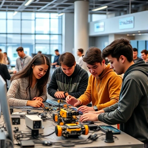 A modern university campus scene with students collaborating in a high-tech lab, focusing on engineering and technology education, featuring diverse young adults working on robotics, coding, and innovation projects, with visible university branding elements like 'TUVPoliteh' subtly integrated into the environment, emphasizing key competencies in technical skills, teamwork, and problem-solving
