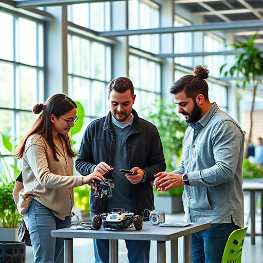 A modern university campus scene showing collaboration between students and professionals in engineering and technology fields, with diverse individuals working together on a project involving robotics, digital design, and sustainable innovation, set in a bright, open workspace with large windows and green elements, symbolizing partnership and cooperation