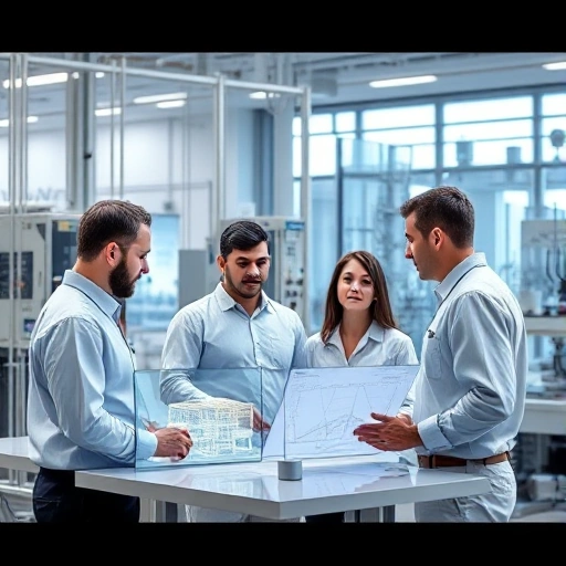 A modern engineering team collaborating in a high-tech laboratory, reviewing blueprints and 3D models on transparent screens, surrounded by advanced machinery and sustainable energy systems, symbolizing innovative engineering solutions, clean and professional atmosphere, soft natural lighting, detailed realistic rendering