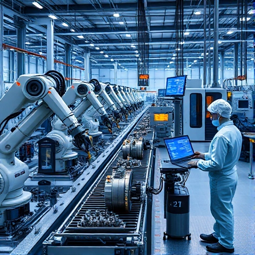 A modern industrial scene showing advanced manufacturing technologies: robotic arms assembling precision components, 3D printers creating metal parts, automated conveyor belts with smart sensors, engineers in cleanroom suits monitoring digital dashboards, futuristic factory with glowing data streams and sustainable energy systems like solar panels and wind turbines in the background, high detail, realistic lighting, professional photography style